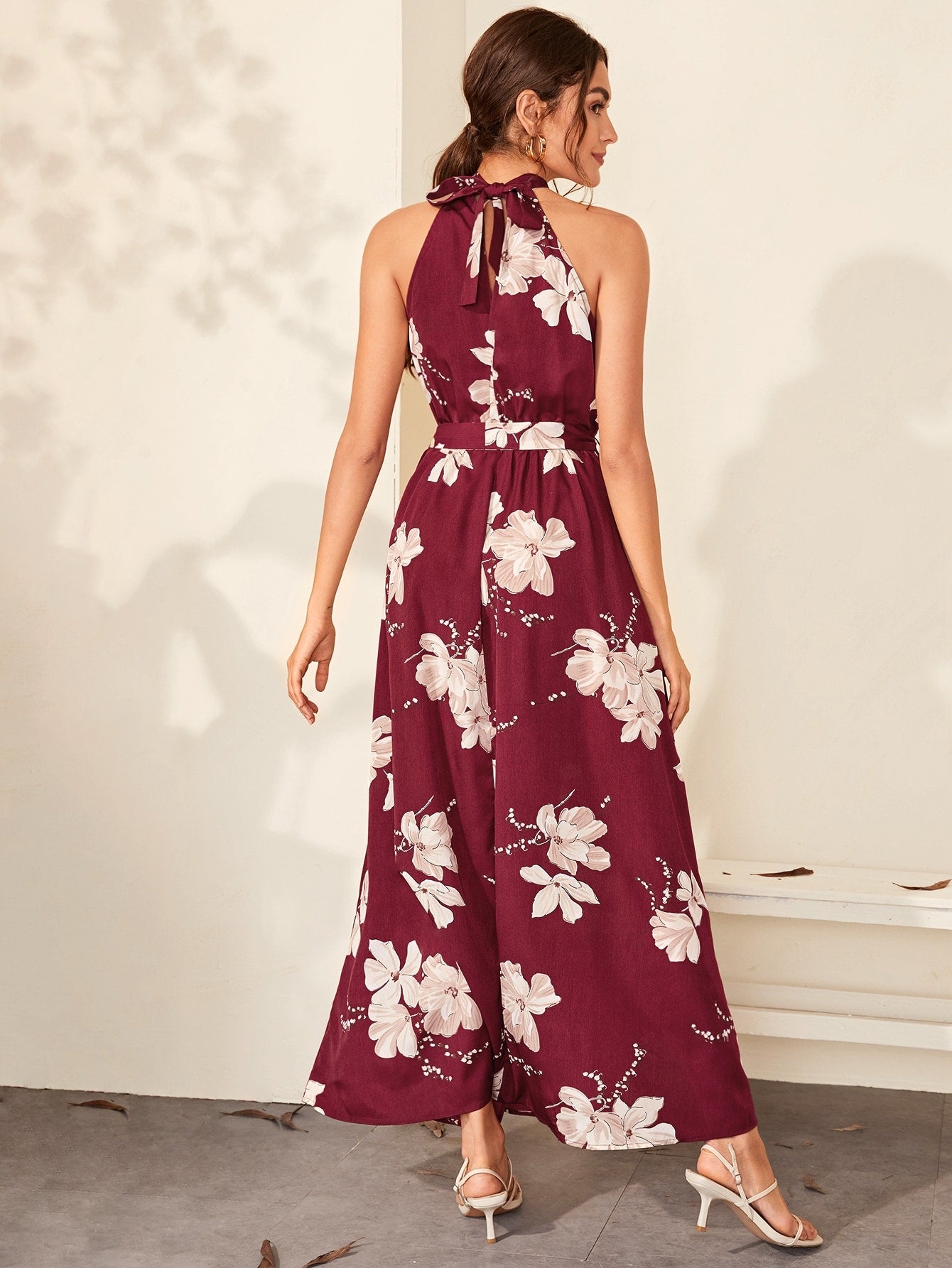Floral Print Wrap Hem Belted Halter Dress