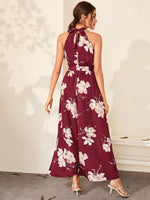 Floral Print Wrap Hem Belted Halter Dress