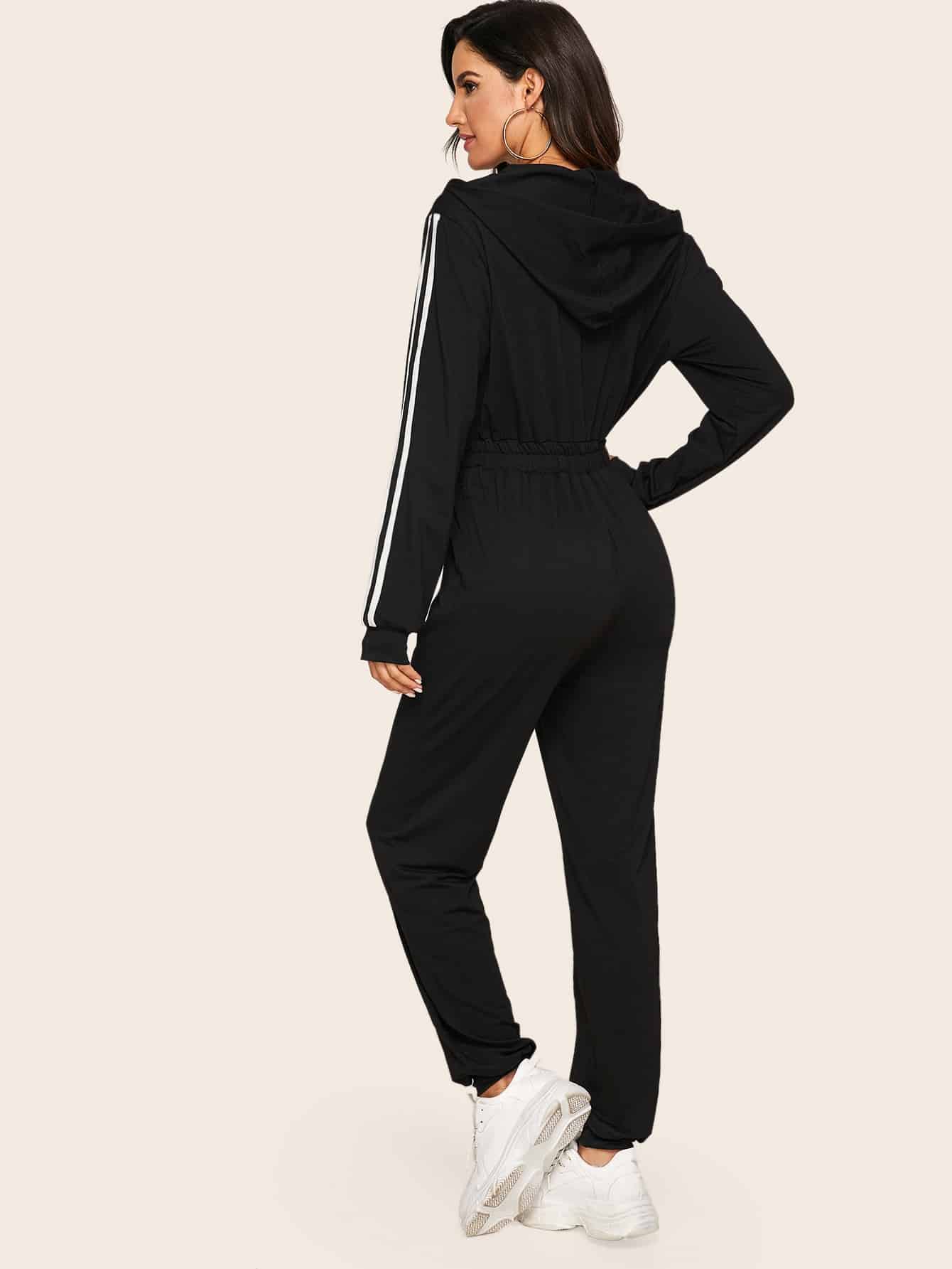 Striped Side Zip Front Drawstring Hooded Jumpsuit
