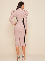 Gigot Sleeve Split Hem Colorblock Dress