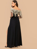 Embroidered Mesh Bodice High Split Bardot Dress