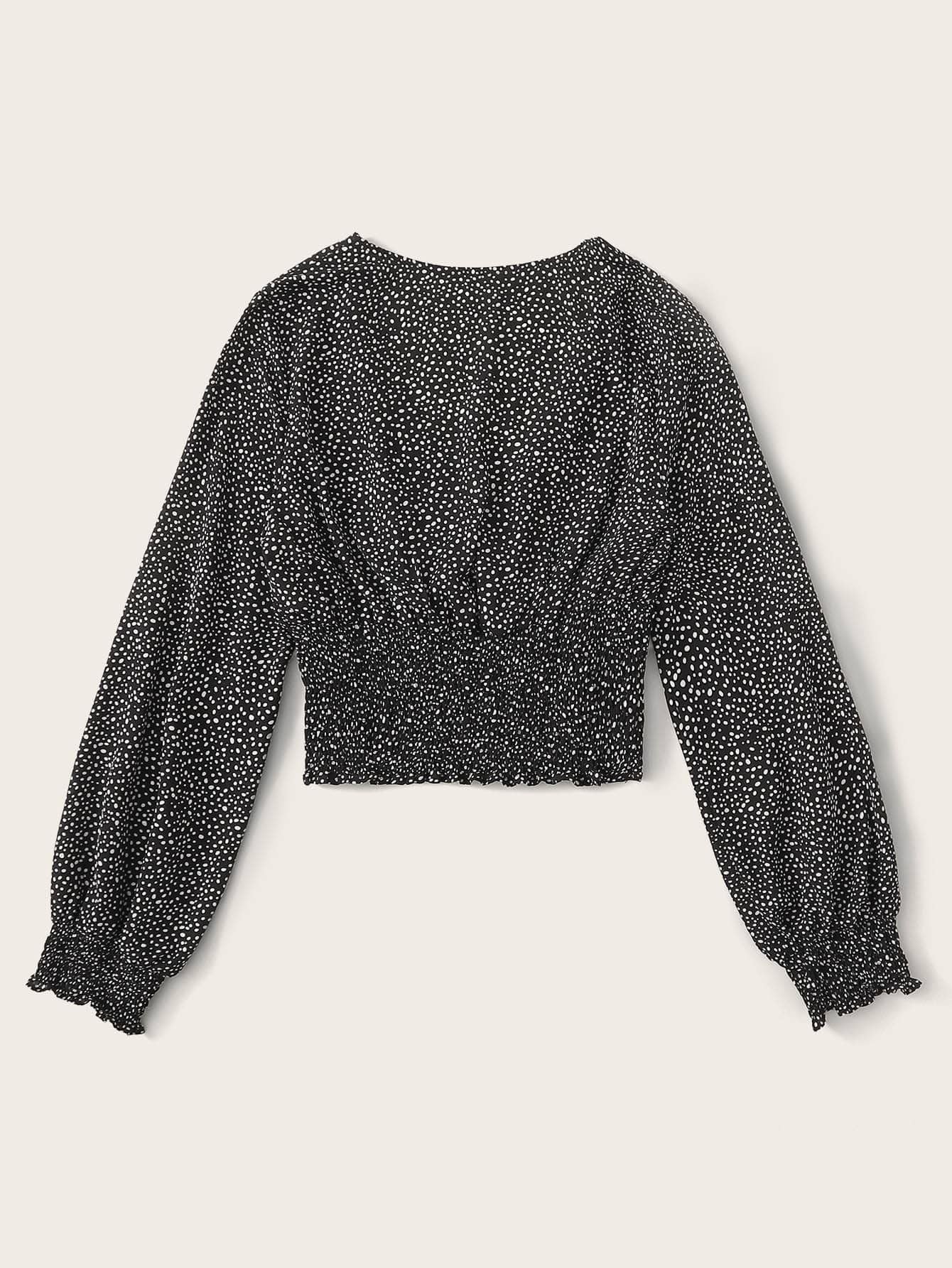 Plus Dalmatian Print Shirred Surplice Neck Blouse