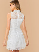 Mock-Neck Embroidery Mesh Sleeveless Dress