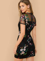 Random Flower Embroidered Sheer Mesh Yoke Dress