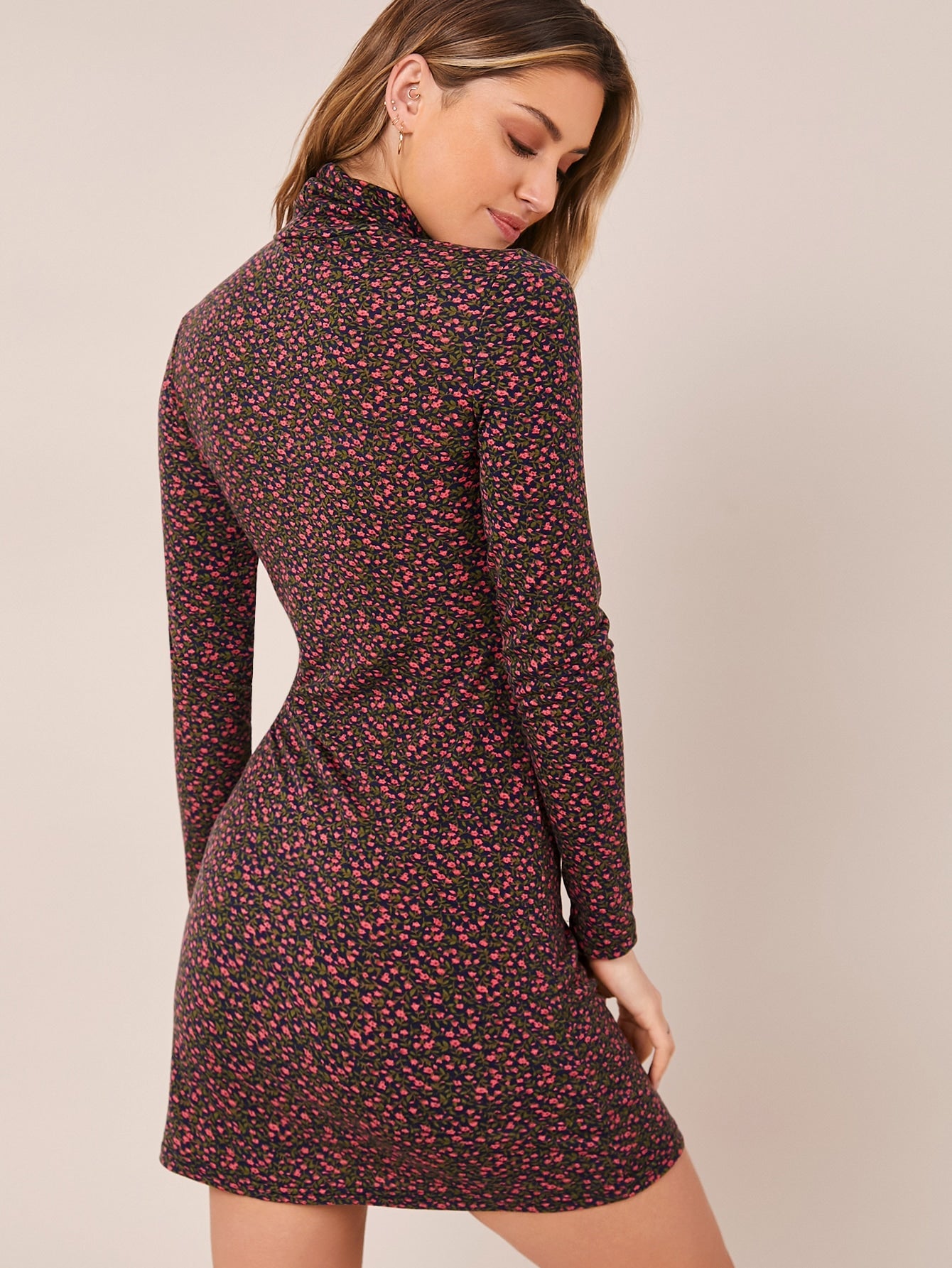 Mock-neck Ditsy Floral Dress