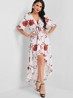 Wholesale White Deep V Neck Short Sleeve Floral Print Ruffle Hem Dresses