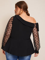 Plus Contrast Dobby Mesh Sleeve Asymmetrical Blouse