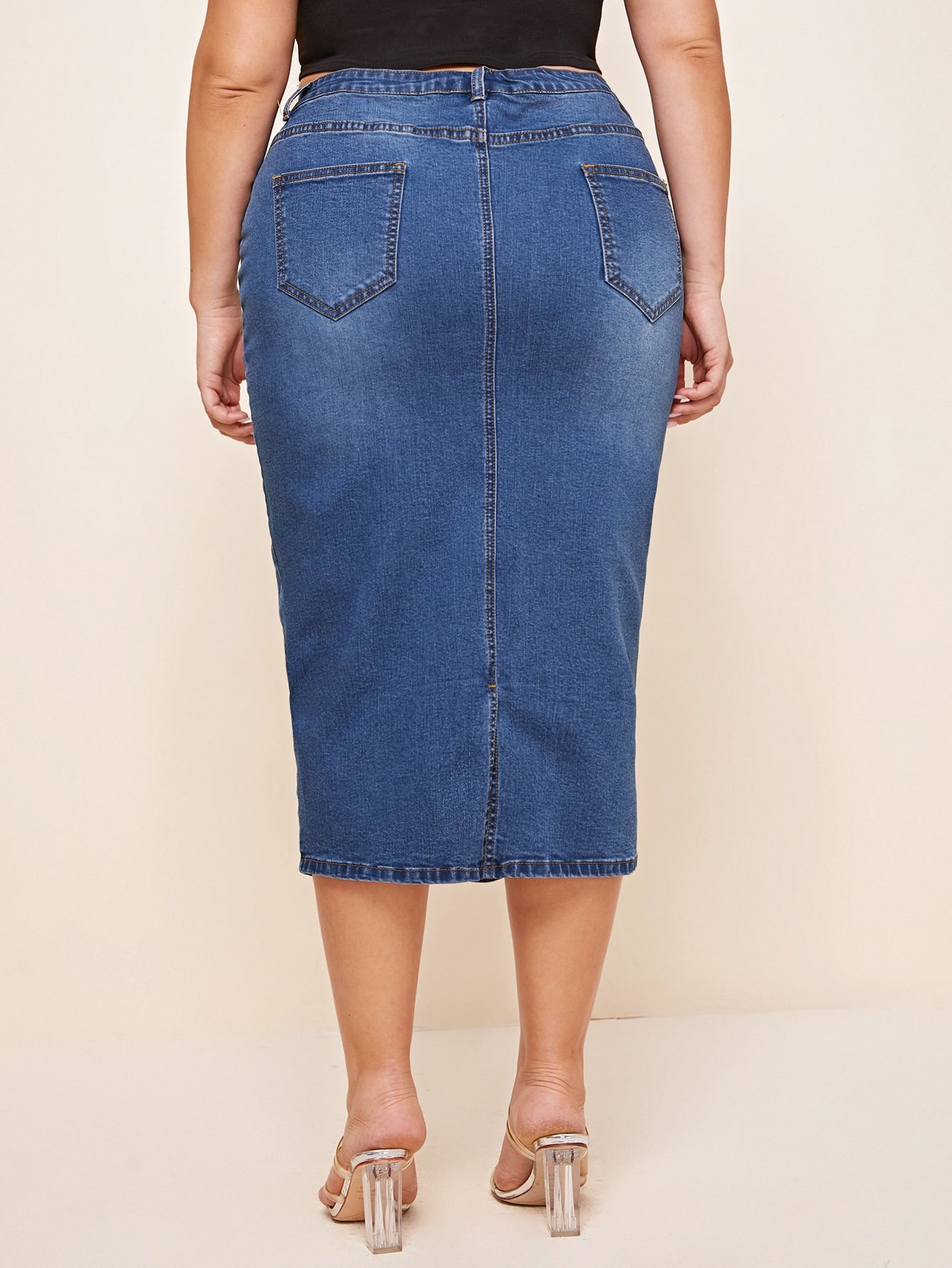 Plus Washed Denim Pencil Skirt