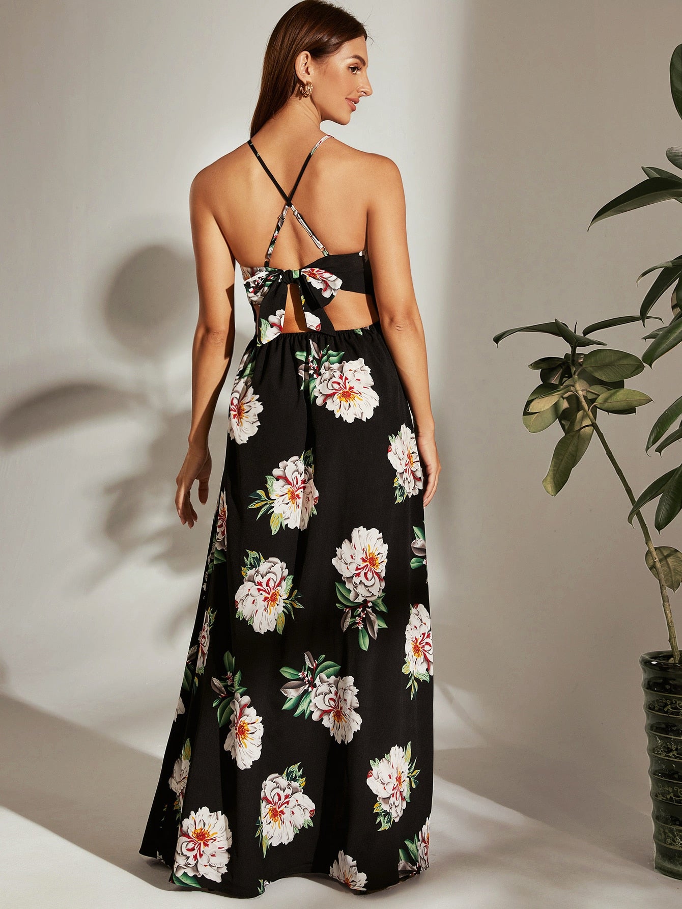 Lace Trim Tie Back Split Thigh Floral Dress