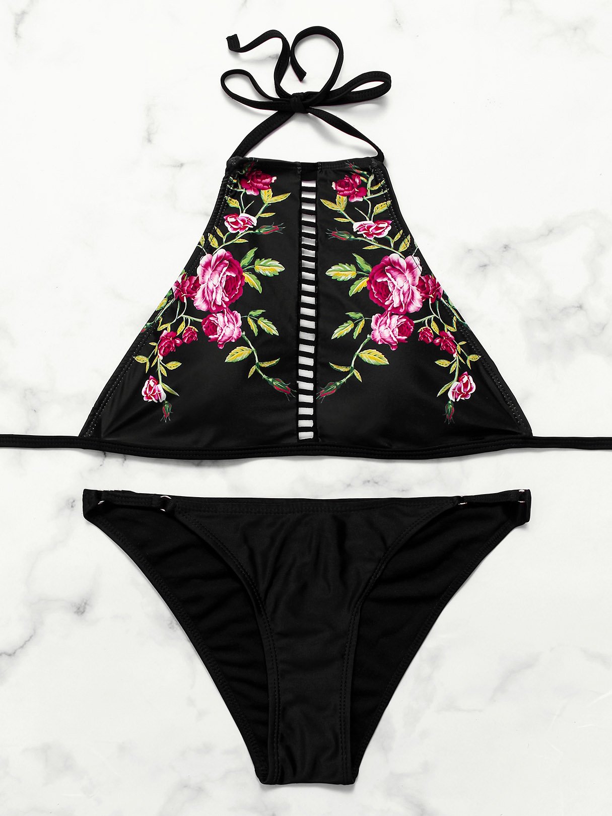Wholesale Black Halter Sleeveless Floral Print Bikinis