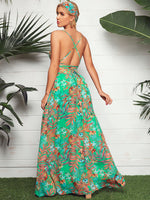 Plunging Neck Crisscross Tie Back Split Tropical Print Maxi Dress