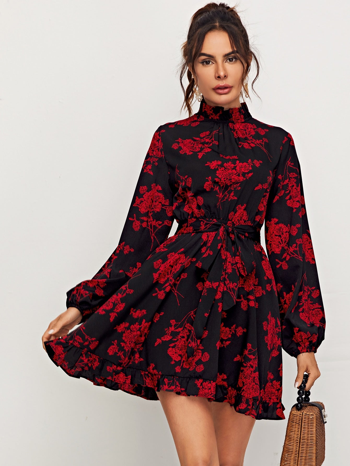 Floral Print Tied Cutout Back Self Belted Dress