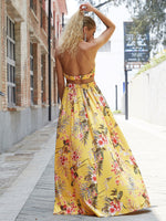 Joyfunear Plunging Neck Tie Back M-slit Floral Maxi Dress