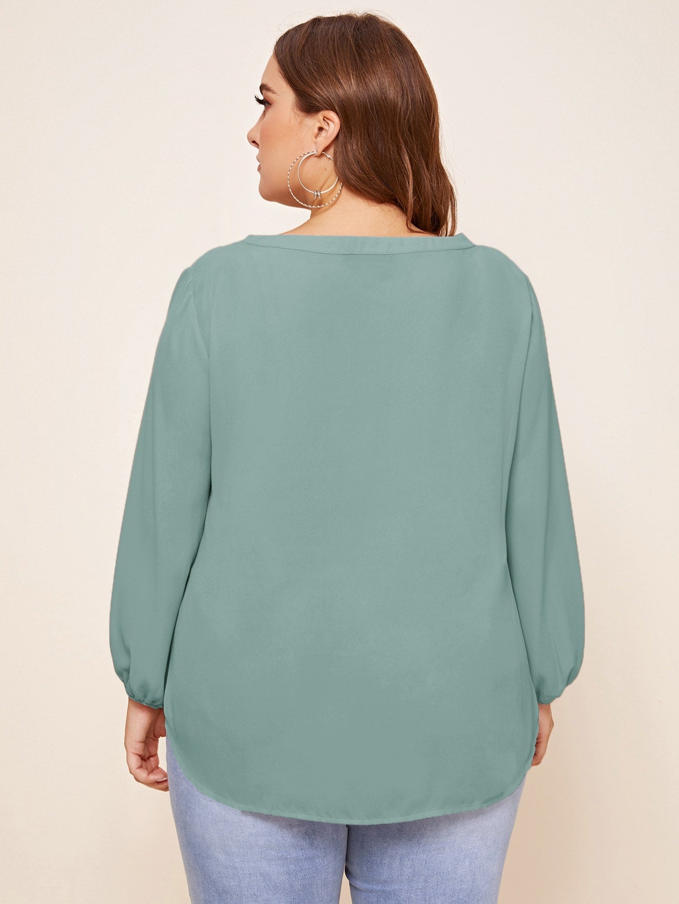 Plus Tie Neck Lantern Sleeve Curved Hem Top