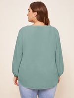 Plus Tie Neck Lantern Sleeve Curved Hem Top