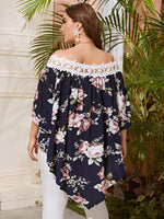 Plus Contrast Guipure Lace Dip Hem Bardot Floral Top
