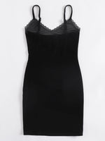 Lace Trim Letter Embroidery Split Hem Velvet Slip Dress