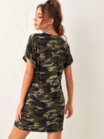 V-neck Rolled Cuff Camo Tee Dress