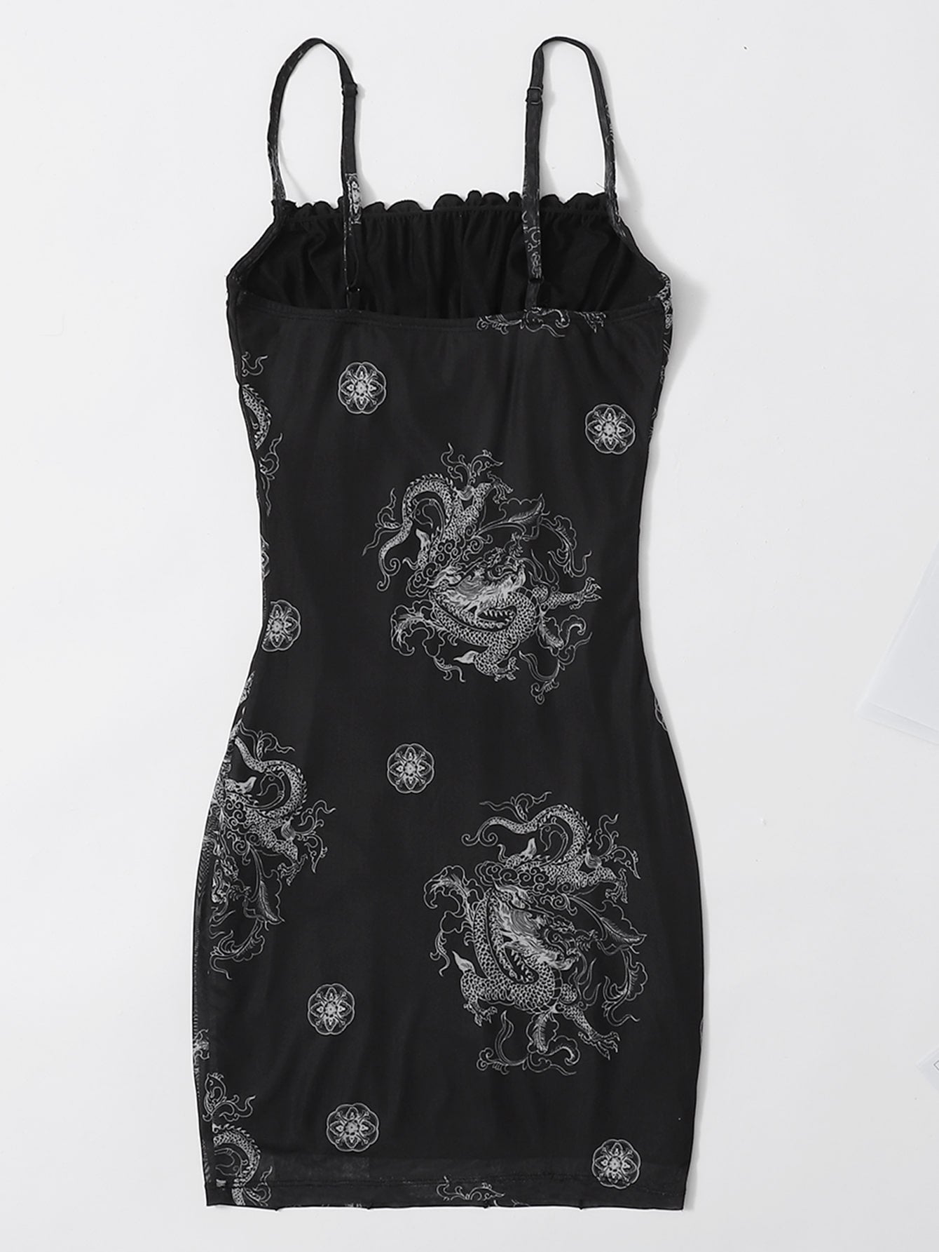 Chinese Dragon Print Ruched Bust Frill Trim Mesh Overlay Dress
