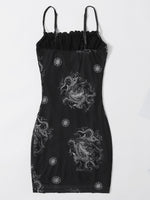 Chinese Dragon Print Ruched Bust Frill Trim Mesh Overlay Dress