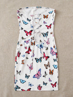 Butterfly Print Lace Up Back Tube Bodycon Dress