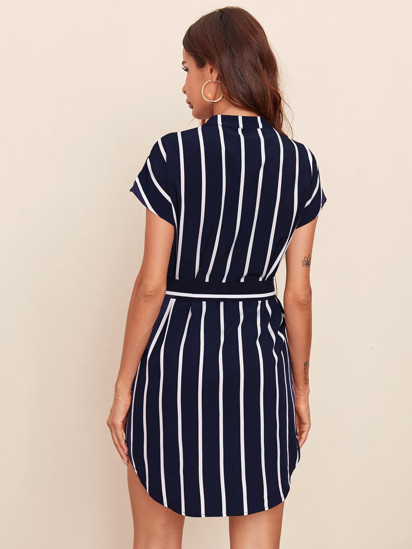 Notched Neckline Batwing Sleeve Belted Striped Dress