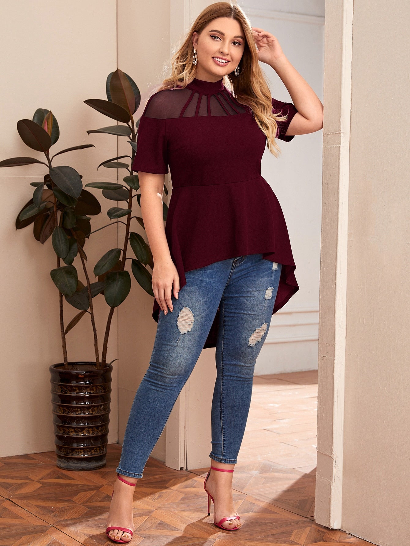 Plus Mock-neck Mesh Yoke Dip Hem Peplum Top Without Belt