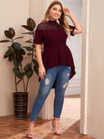 Plus Mock-neck Mesh Yoke Dip Hem Peplum Top Without Belt