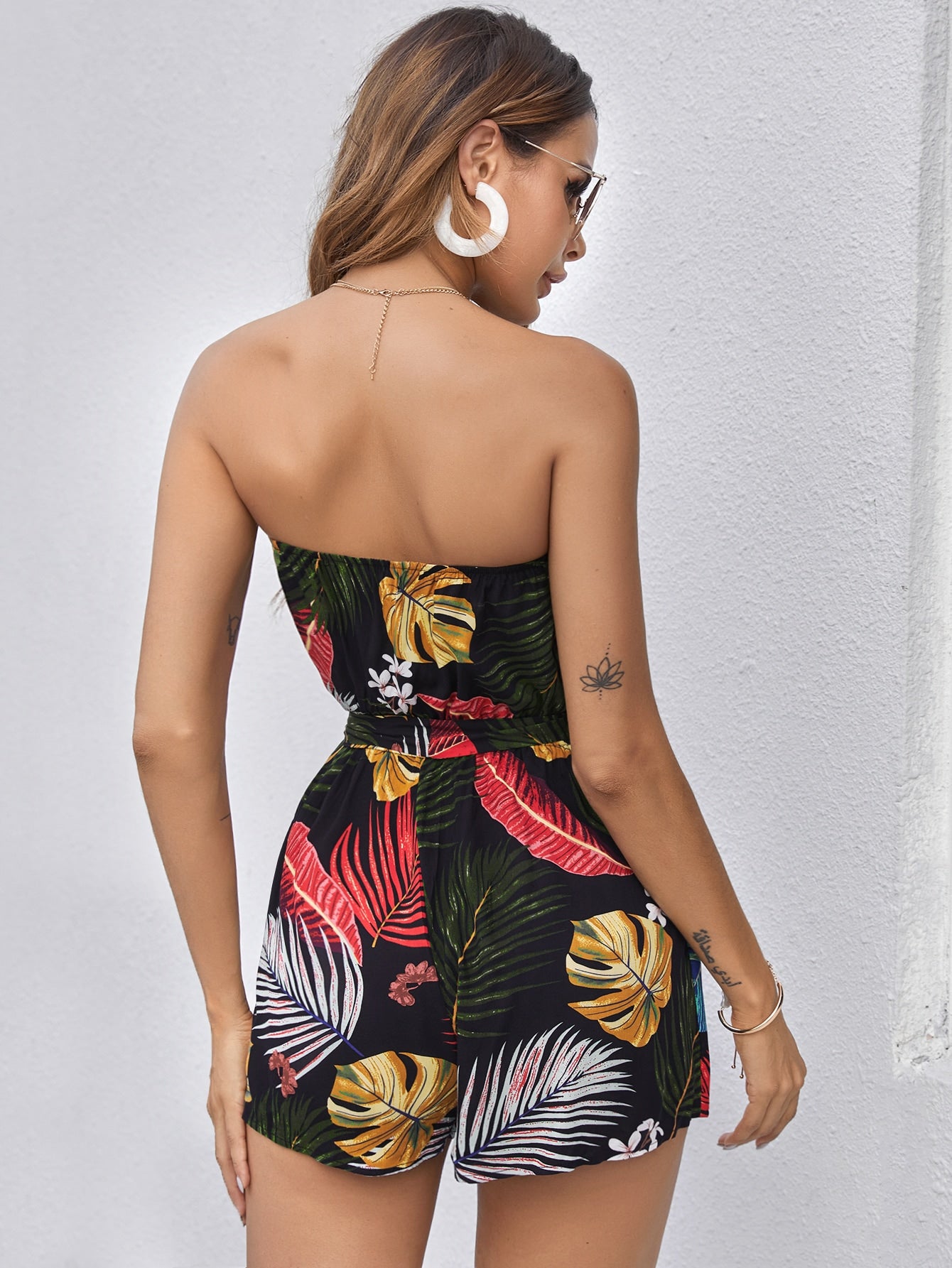 Self Belted Tropical Print Tube Romper