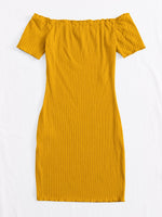 Letter Graphic Lettuce Edge Rib-knit Bardot Dress