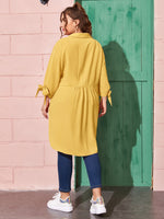 Plus Knotted Cuff Asymmetrical Hem Slogan Graphic Blouse