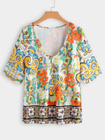 Wholesale V-Neck Floral Print Half Sleeve Green T-Shirts