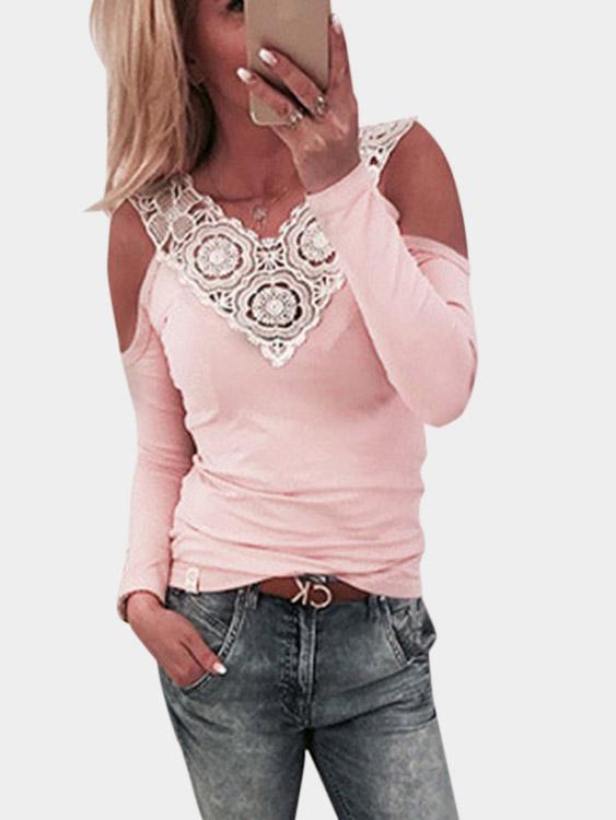 Wholesale V-Neck Cold Shoulder Lace Hollow Long Sleeve Pink T-Shirts