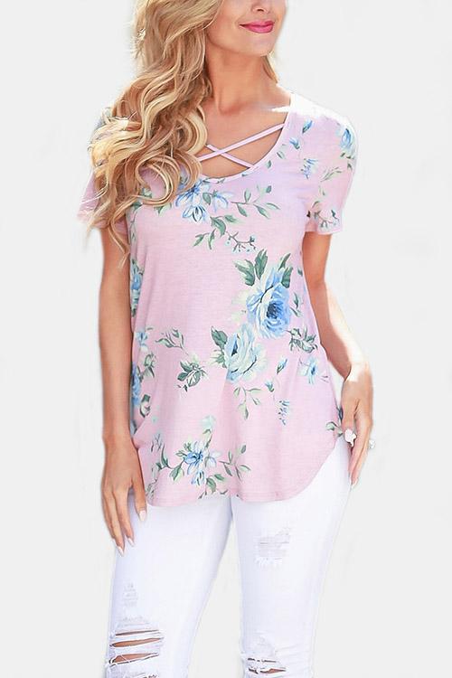 Wholesale V-Neck Floral Print Short Sleeve Strappy Cross Front Top