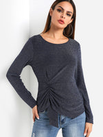 Wholesale Round Neck Plain Pleated Long Sleeve Irregular Hem Dark Blue T-Shirts