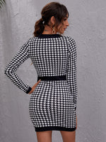 Button Front Houndstooth Bodycon Dress