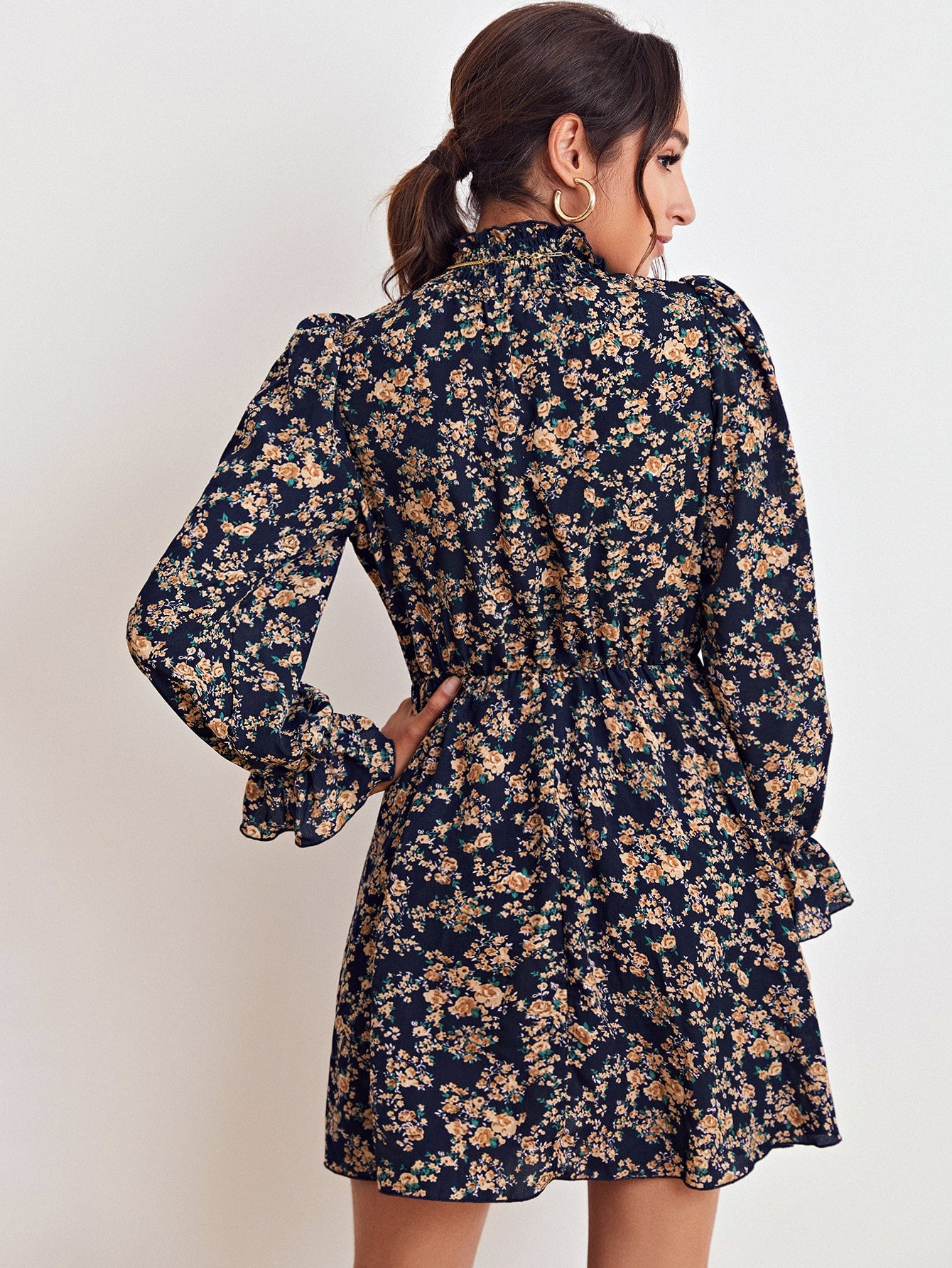 Ditsy Floral Shirred Neck Flounce Sleeve Dress Without Belt