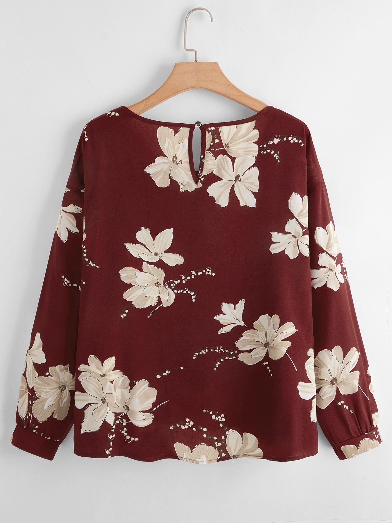 Plus Floral Print Keyhole Back Blouse