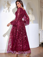 Embroidered-Mesh Overlay Sequin A-line Dress