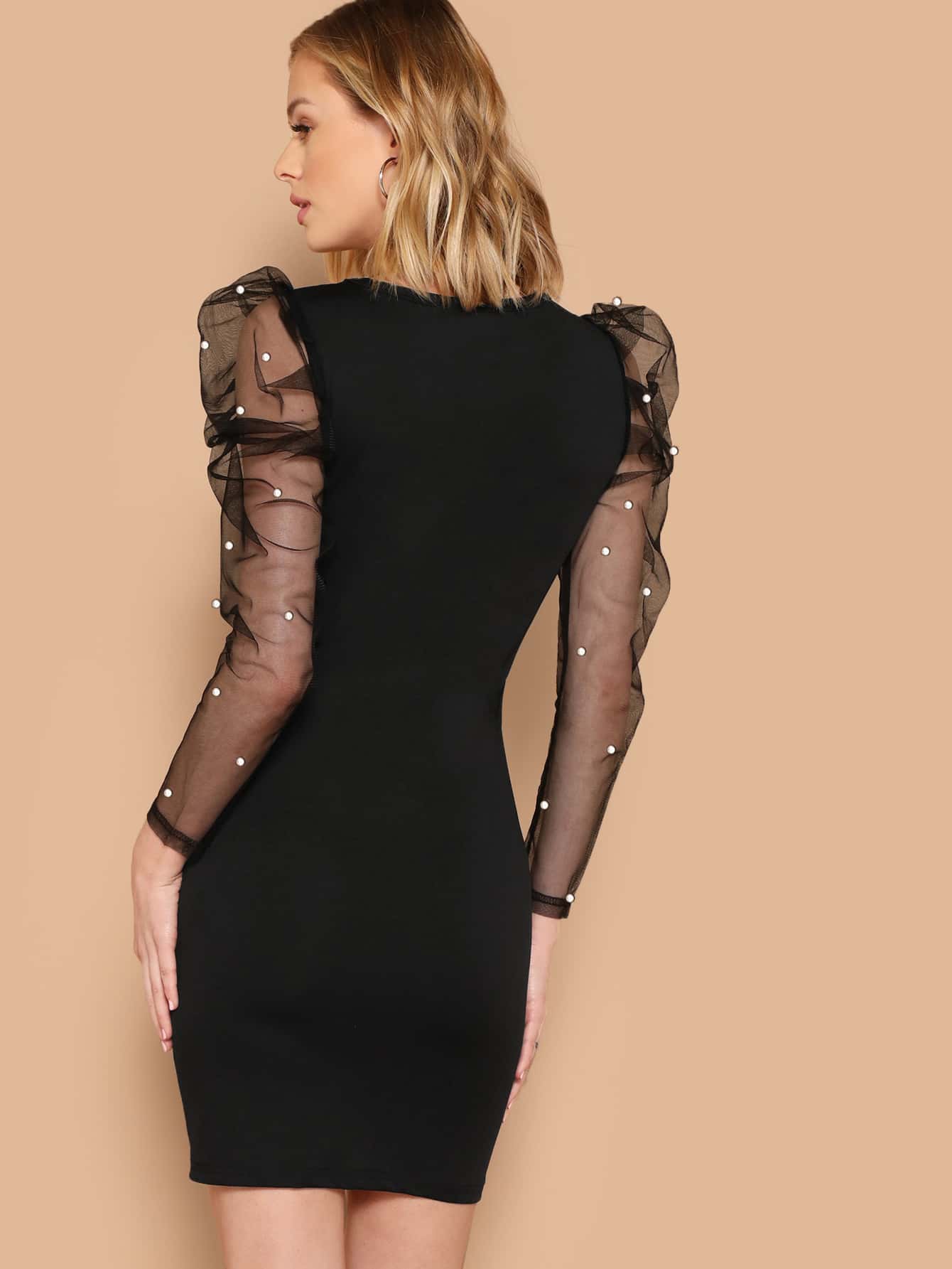 Pearls Beaded Mesh Leg-of-mutton Sleeve Dress
