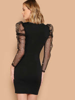 Pearls Beaded Mesh Leg-of-mutton Sleeve Dress