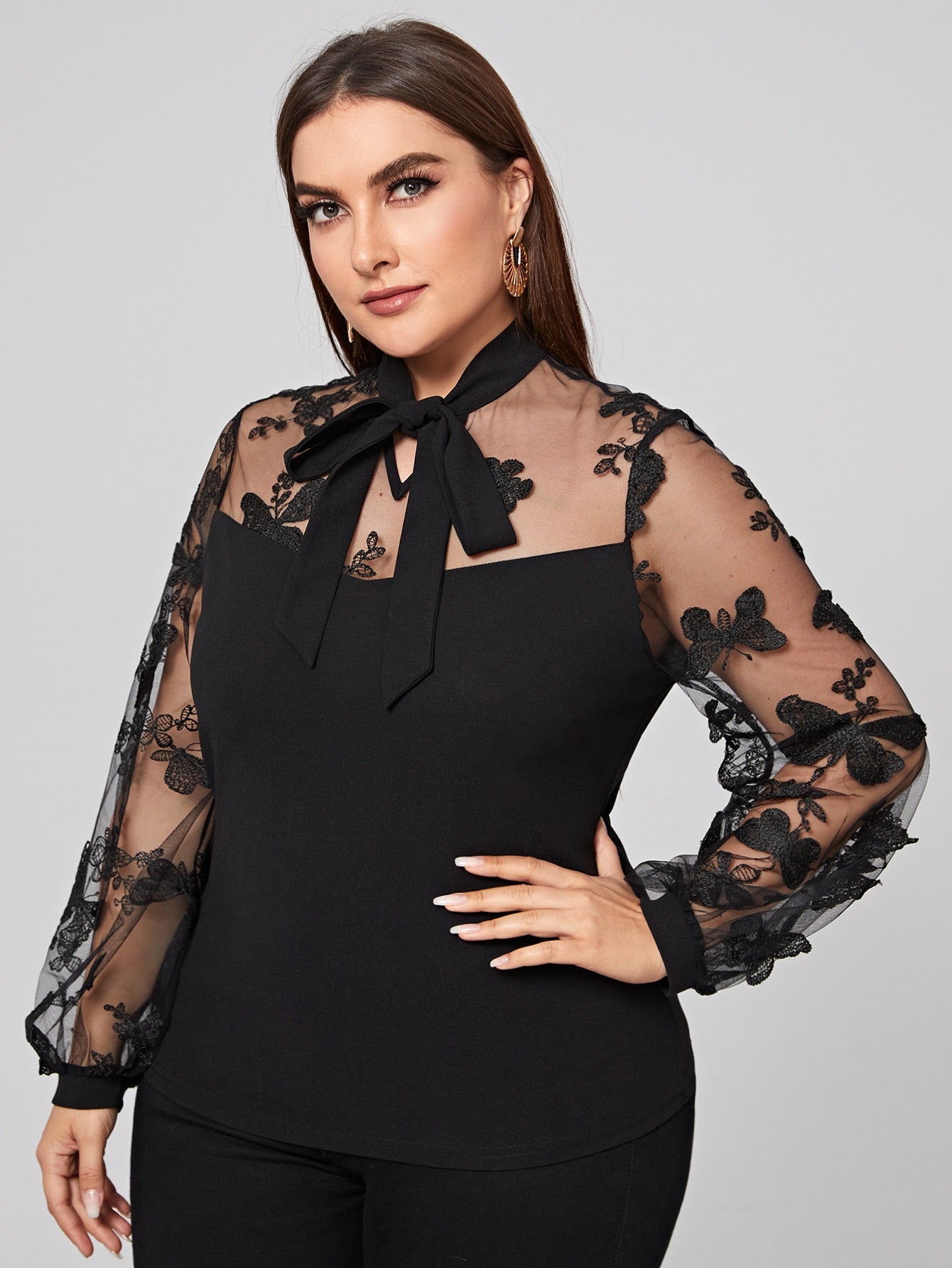 Plus Tie Neck Butterfly Embroidered Mesh Yoke & Sleeve Top