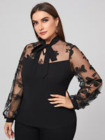 Plus Tie Neck Butterfly Embroidered Mesh Yoke & Sleeve Top
