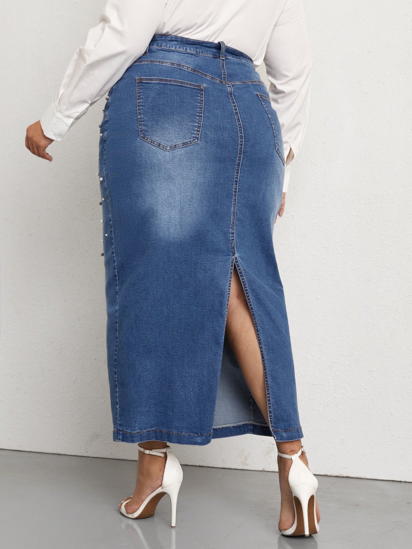 Plus Pearls Beaded Slit Back Denim Skirt