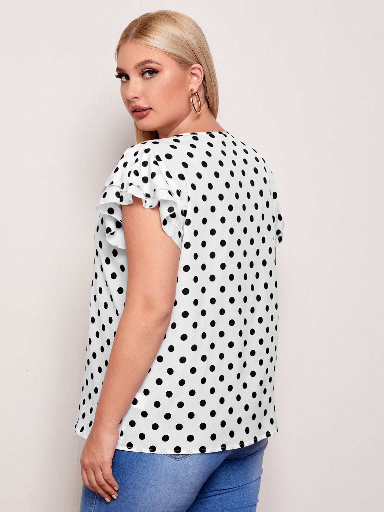 Plus Keyhole Neck Layered Flutter Sleeve Polka Dot Top