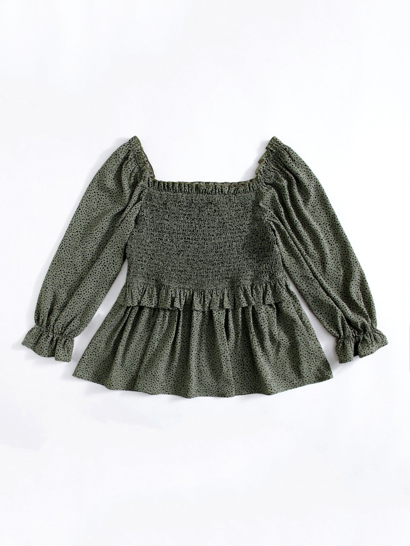 Plus Confetti Print Shirred Flounce Sleeve Peplum Milkmaid Blouse