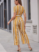 Striped Print Button Front Belted Jumpsuit