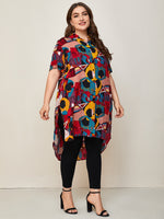 Plus Collared Buttoned Front Split Side Dip Hem Allover Print Blouse