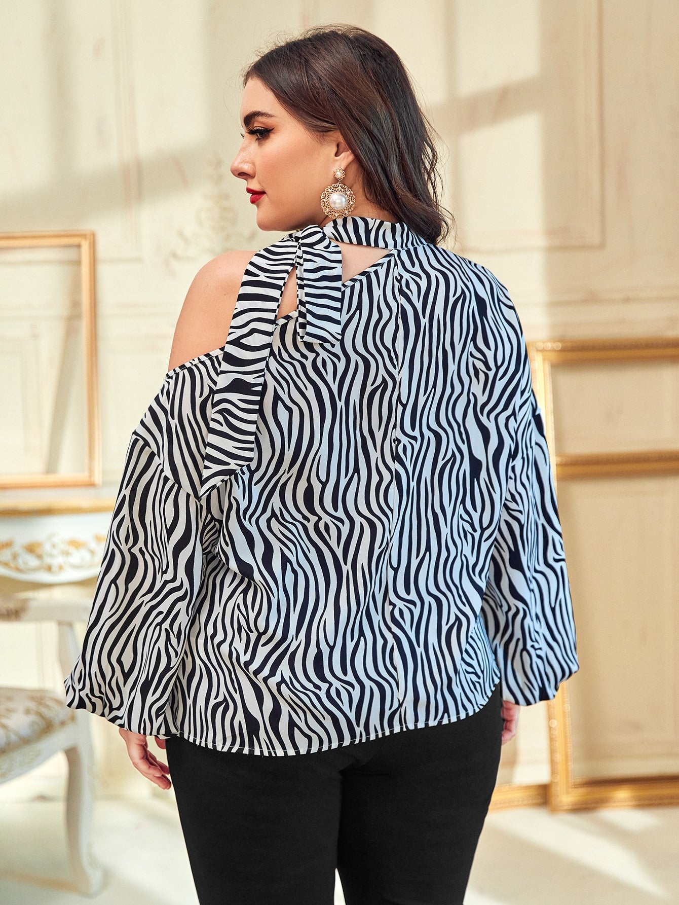 Plus Zebra Print Asymmetrical Neck Bishop Sleeve Top
