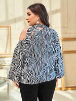 Plus Zebra Print Asymmetrical Neck Bishop Sleeve Top